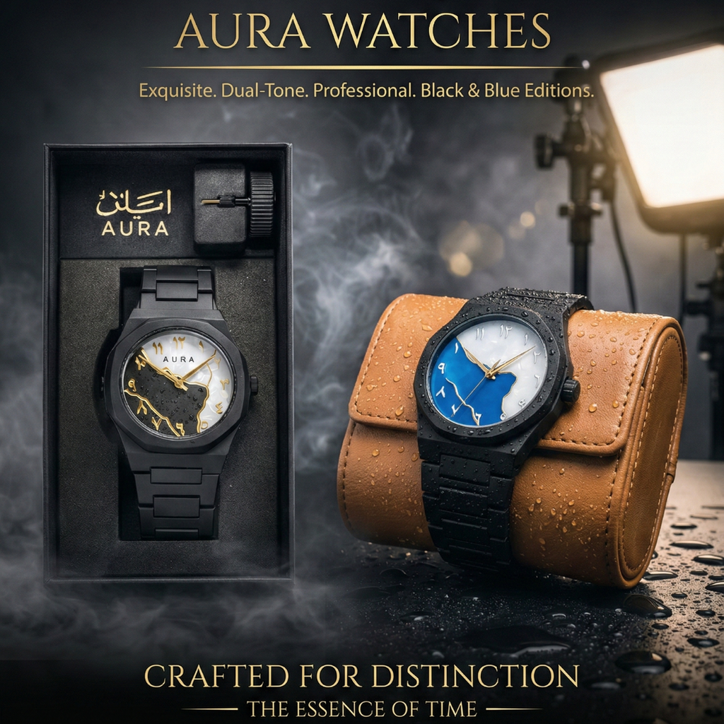 Aura Dual-Tone Fiber Edition – Exquisite Arabic Dial Luxury Watch (Black & Blue).