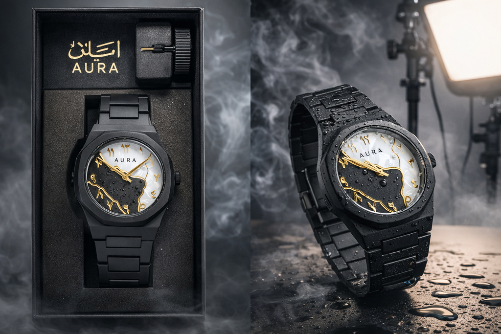 Aura Dual-Tone Fiber Edition – Exquisite Arabic Dial Luxury Watch (Black & Blue).