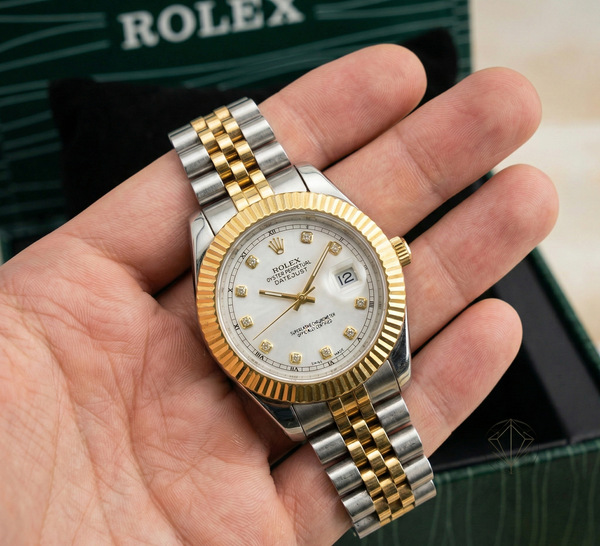 Premium Rolex Datejust White Dial – Classic Two-Tone Gold & Steel Edition with Luxury Box.
