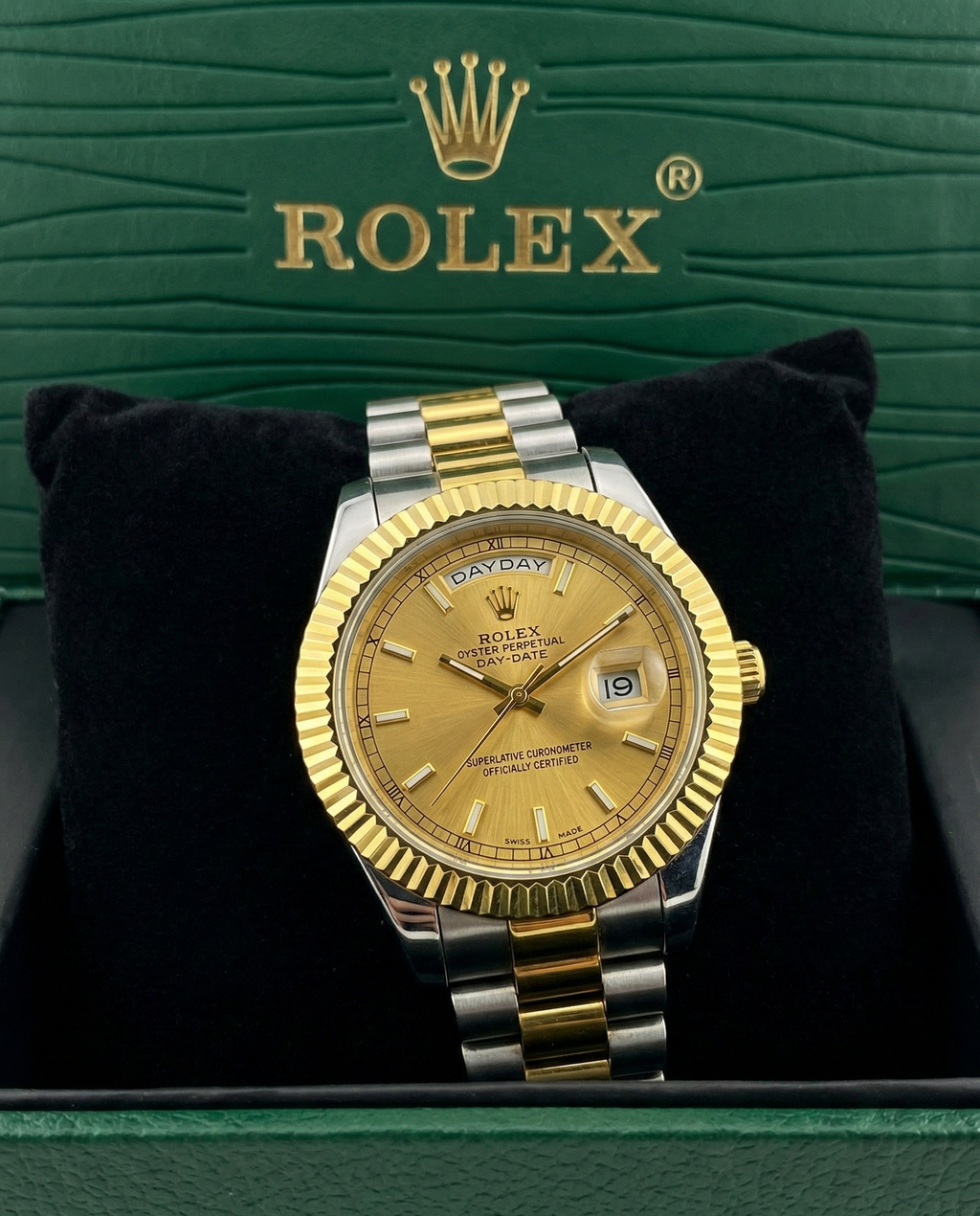 Rolex Day-Date Golden Dial Premium Edition – Two-Tone Gold & Silver Luxury Watch with Brand Box.