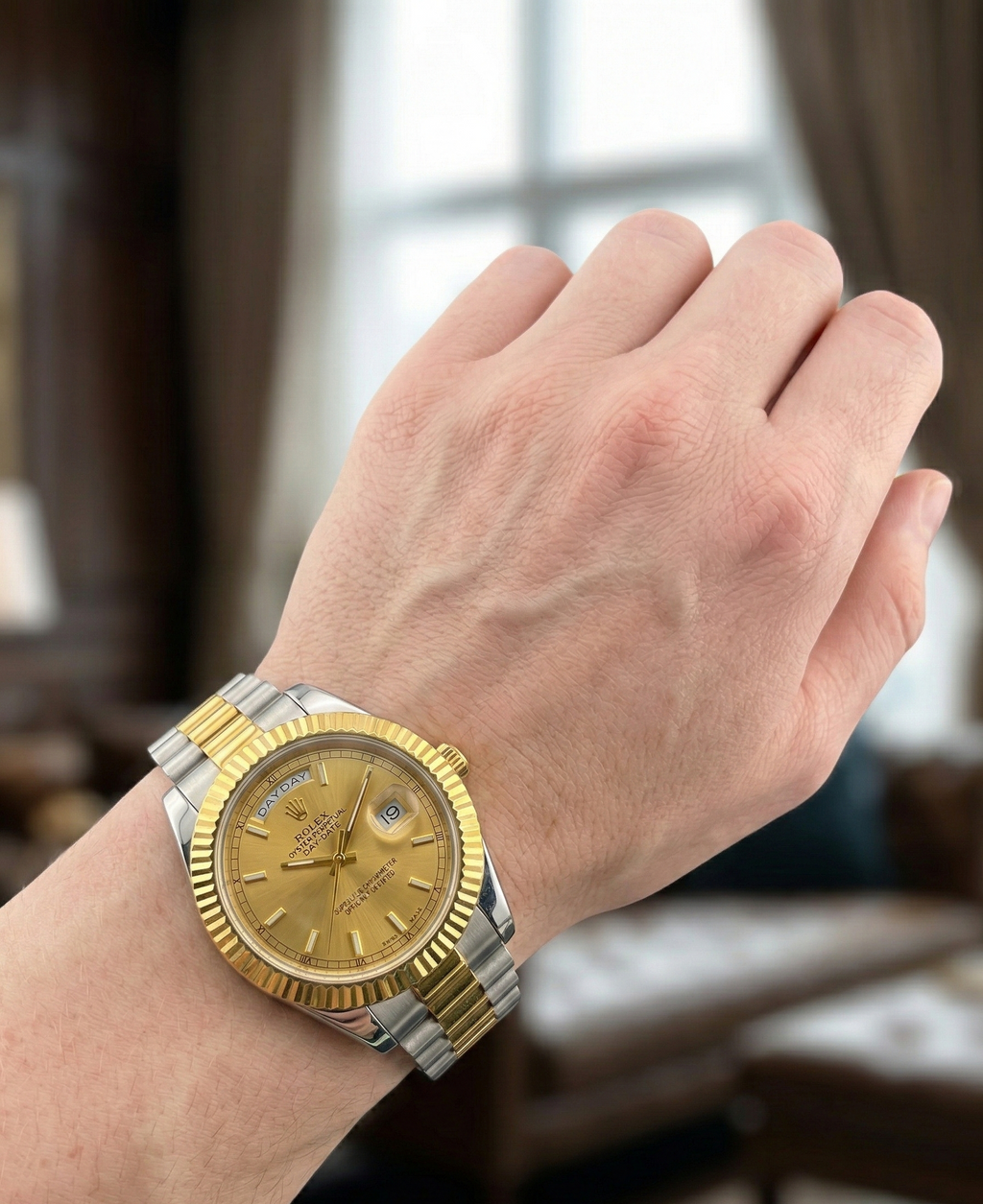 Rolex Day-Date Golden Dial Premium Edition – Two-Tone Gold & Silver Luxury Watch with Brand Box.