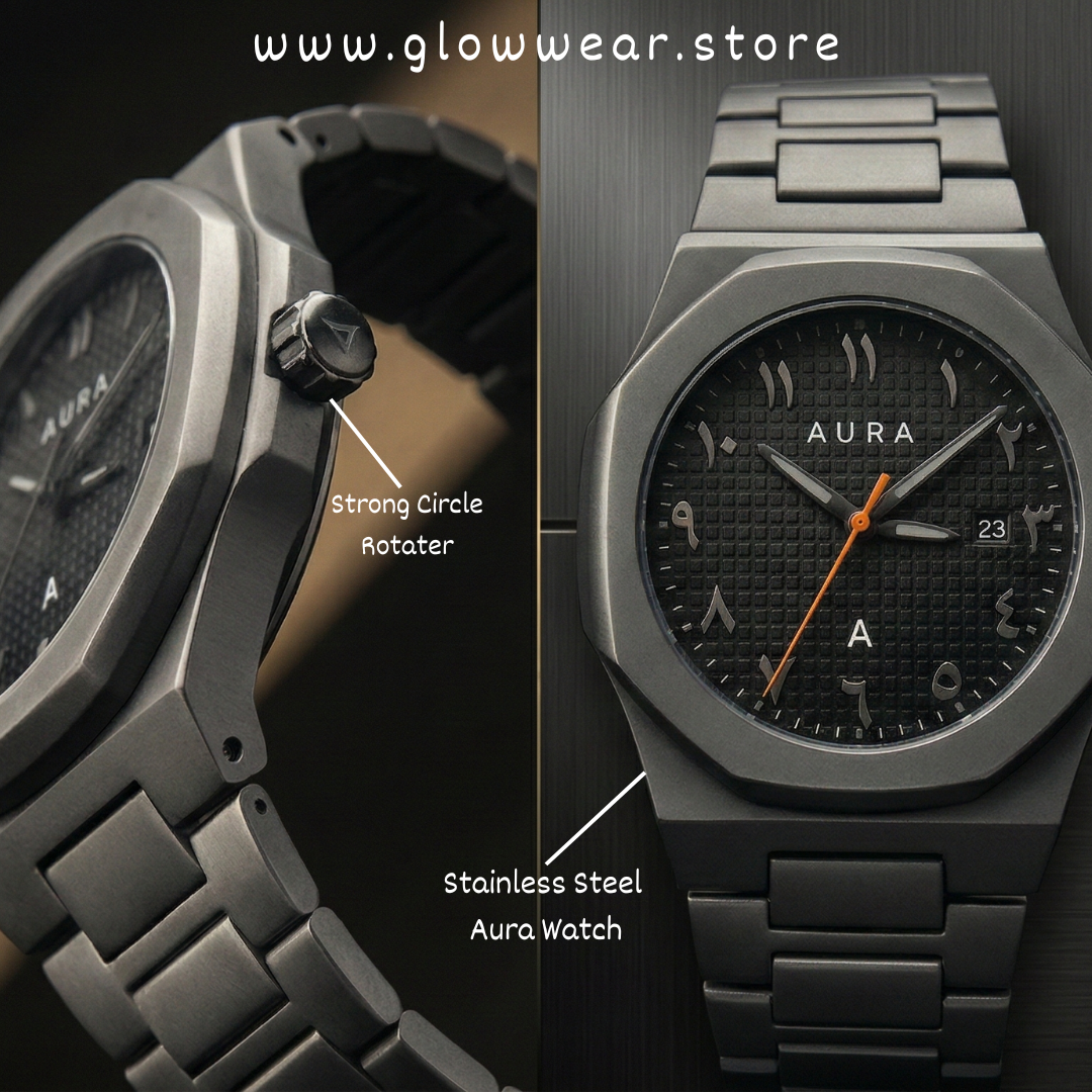 Aura Stainless Steel Matte Black Edition – Arabic Calligraphy Dial Luxury Watch.