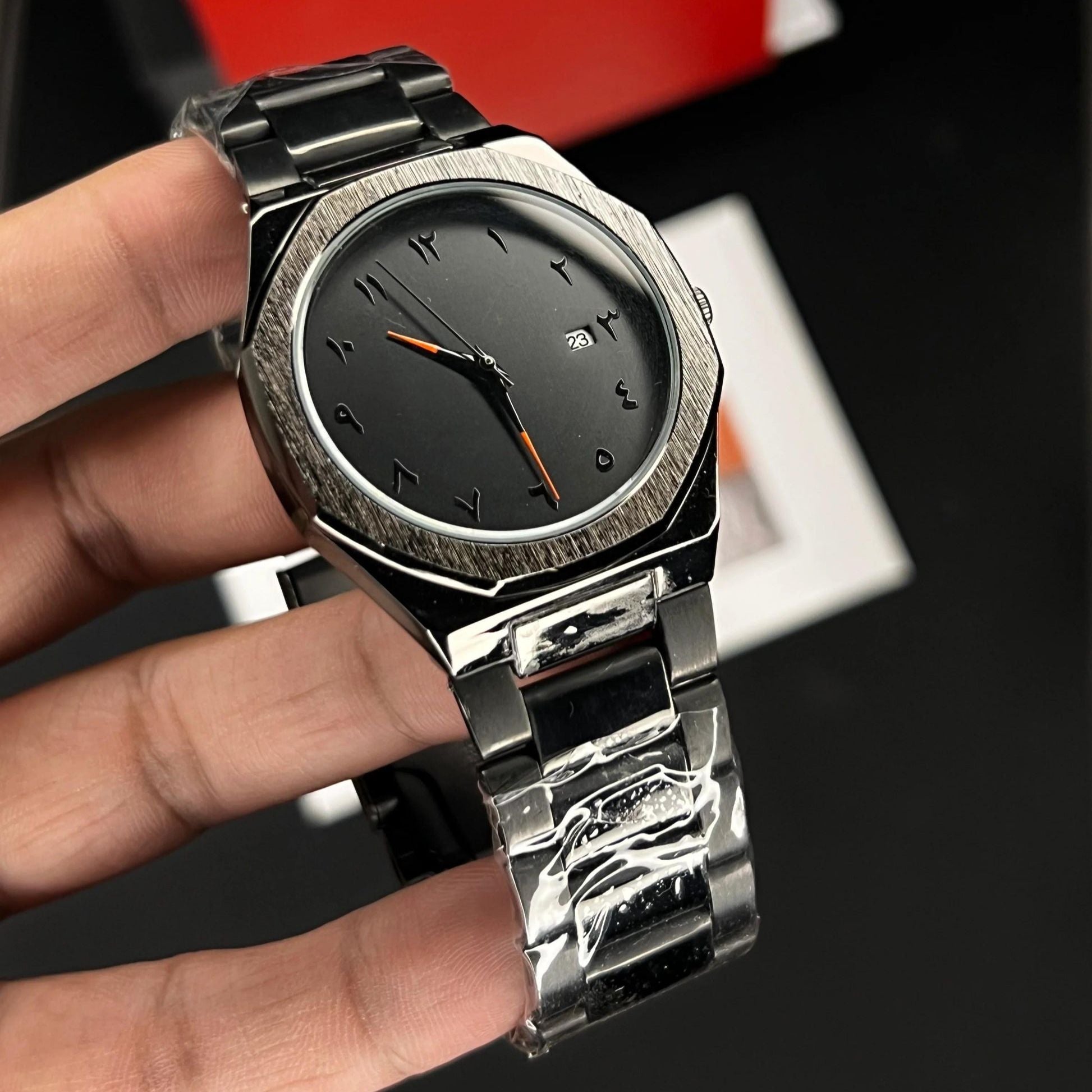 Aura Stainless Steel Matte Black Edition – Arabic Calligraphy Dial Luxury Watch.